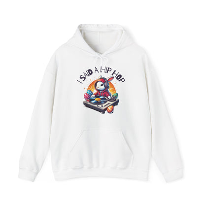 Front view of white hoodie with “I Said A Hip Hop” Easter design. Part of the Vivid Divergence Sensory Friendly Unisex Hoodies Range.
