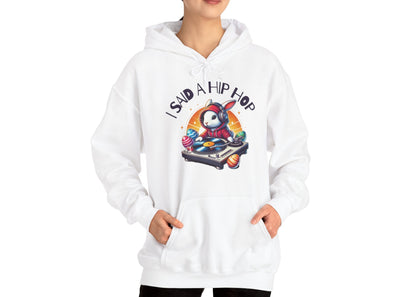 Woman wearing white hoodie with colorful Easter hip hop graphic. Part of the Vivid Divergence Sensory Friendly Unisex Hoodies Range.