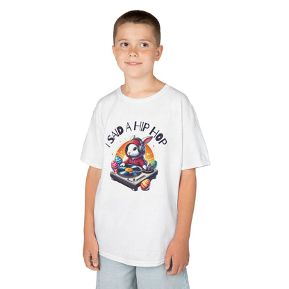 Child wearing a white Easter T-shirt featuring a funky rapping bunny with "I Said A Hip Hop" text, a fun and stylish choice. Hop into the season in style and shop Easter shirts online today!