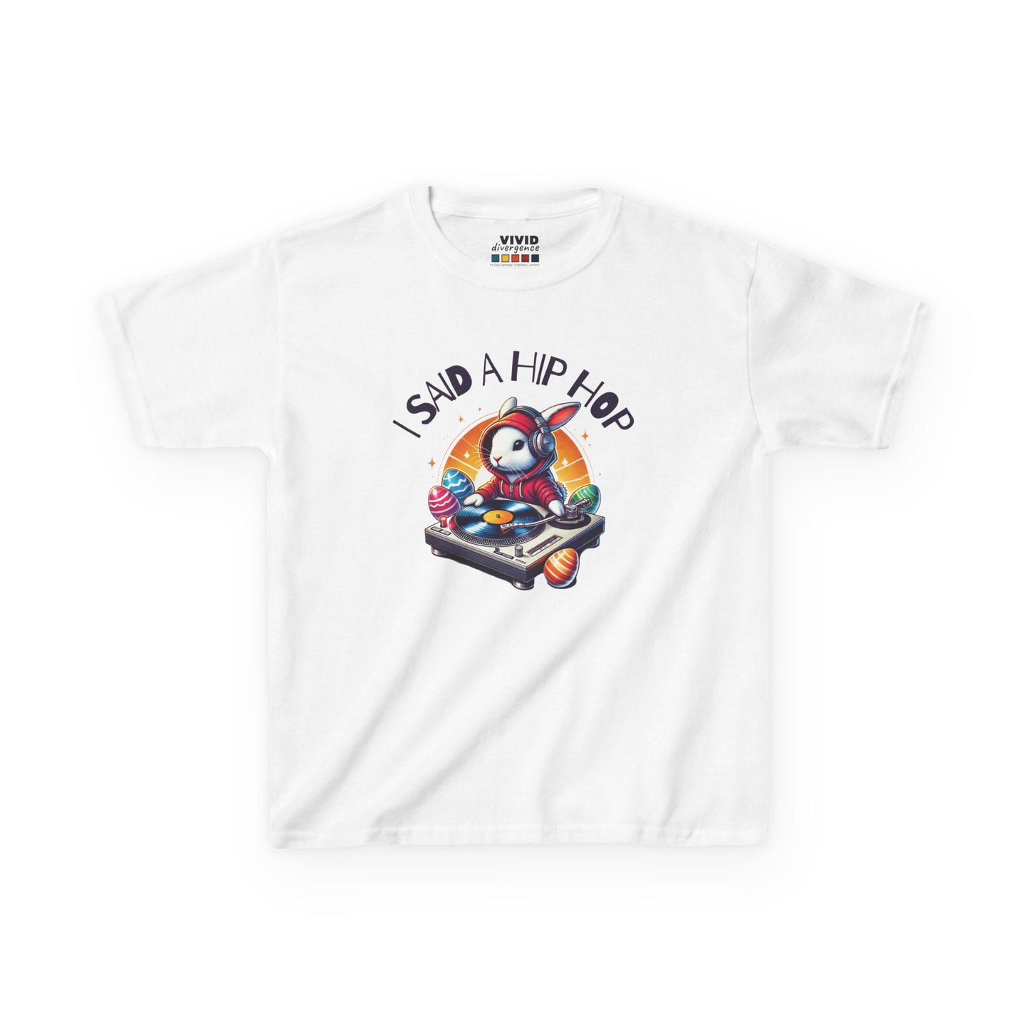 White kids' T-shirt featuring a cool rapping Easter bunny with "I Said A Hip Hop" text, a must-have for music lovers. Hop into the season in style and shop Easter shirts online today!