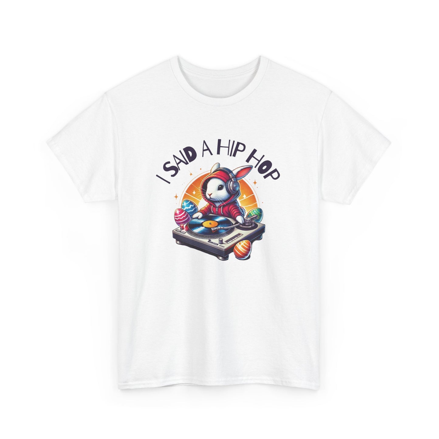 White Easter T-shirt featuring a retro-style bunny rapping with "I Said A Hip Hop" text, a fun and stylish Easter choice. Hop into the season in style and shop Easter shirts online today!