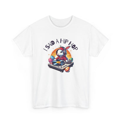 White Easter T-shirt featuring a retro-style bunny rapping with "I Said A Hip Hop" text, a fun and stylish Easter choice. Hop into the season in style and shop Easter shirts online today!