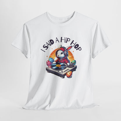 White T-shirt hanging, featuring a hip-hop Easter bunny with "I Said A Hip Hop" text, inspired by Rapper’s Delight, perfect for a funky holiday look. Hop into the season in style and shop Easter shirts online today!