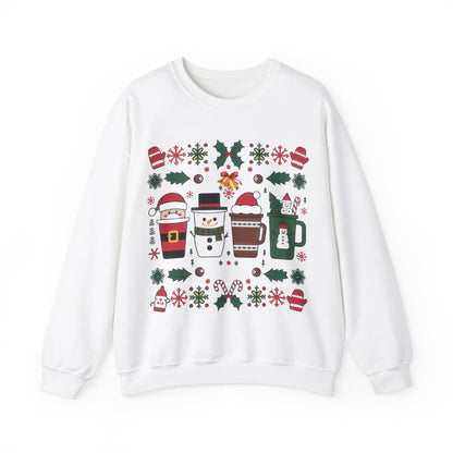Front view of a white sweatshirt featuring a festive holiday pattern with coffee cups, snowflakes, and Christmas elements. Part of the Vivid Divergence Sensory Friendly Unisex Sweater Jumper Range.