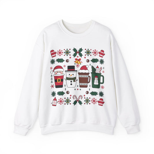 Front view of a white sweatshirt featuring a festive holiday pattern with coffee cups, snowflakes, and Christmas elements. Part of the Vivid Divergence Sensory Friendly Unisex Sweater Jumper Range.