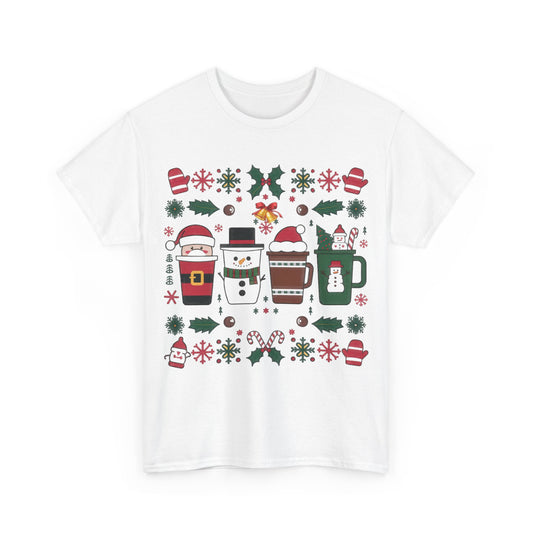 Front view of a white T-shirt featuring a festive holiday pattern with coffee cups, snowflakes, and Christmas elements. Part of the Vivid Divergence Sensory Friendly Unisex Tees Range.