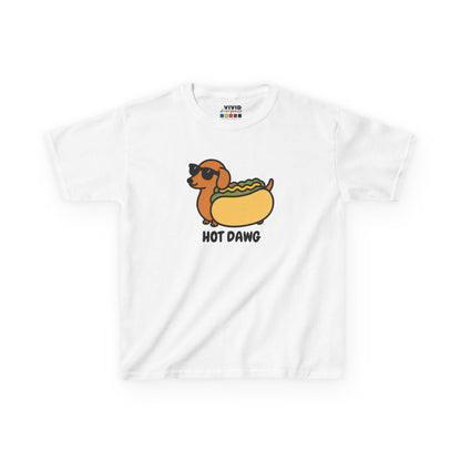 Front view of a white "Hot Dawg" kids T-shirt featuring a cartoon dachshund in a hot dog bun. Part of the Vivid Divergence Sensory Friendly Kids Shirts Range. The perfect T-shirt for sensory-sensitive kids and comes with a Sensory Satisfaction Promise.