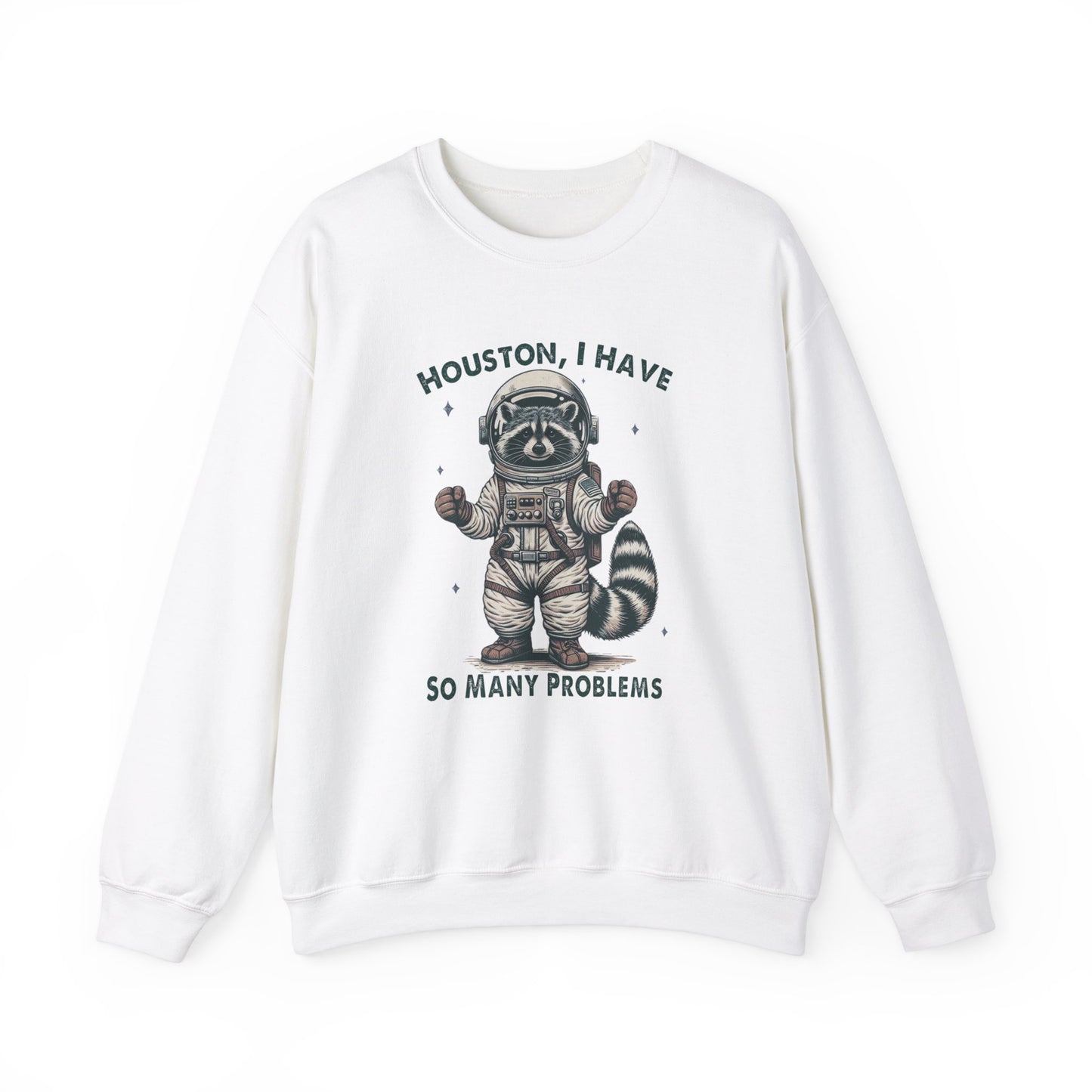 Front view of a white sweater jumper with the text "Houston, I Have So Many Problems" and a cartoon raccoon illustration holding a striped object. Part of the Vivid Divergence Sensory Friendly Unisex Sweater Jumper Range.