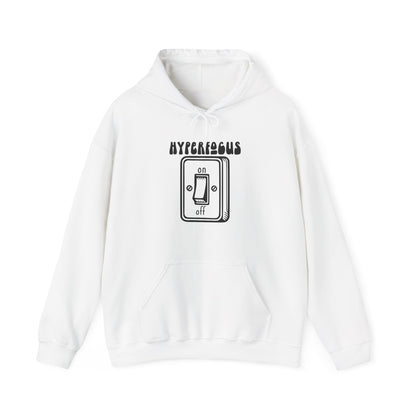 Front view of a white hoodie featuring the text "Hyperfocus" and an illustration of a toggle switch turned on. Part of the Vivid Divergence Sensory Friendly Unisex Hoodie Range.