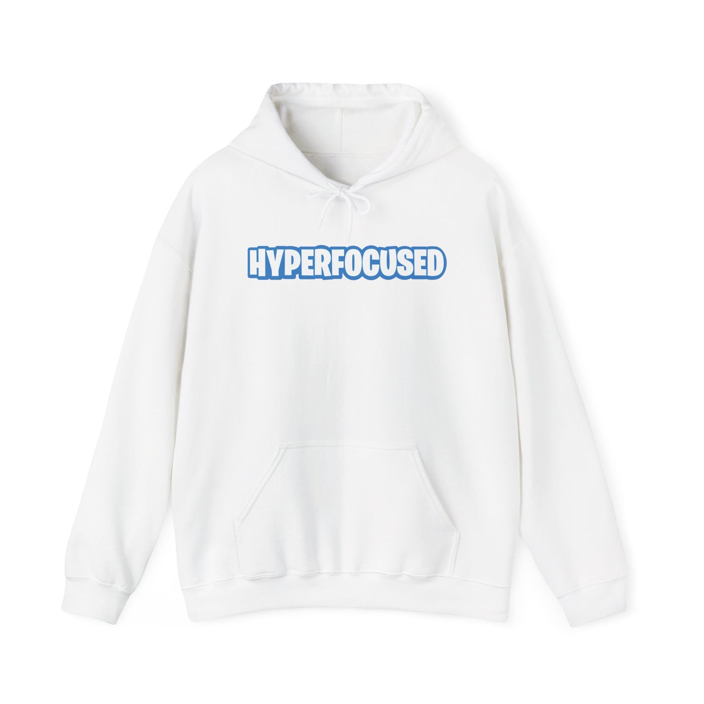 Front view of a white hoodie featuring the word "HYPERFOCUSED" in a bold, blue Fortnite-style font. Part of the Vivid Divergence Sensory Friendly Unisex Hoodie Range.