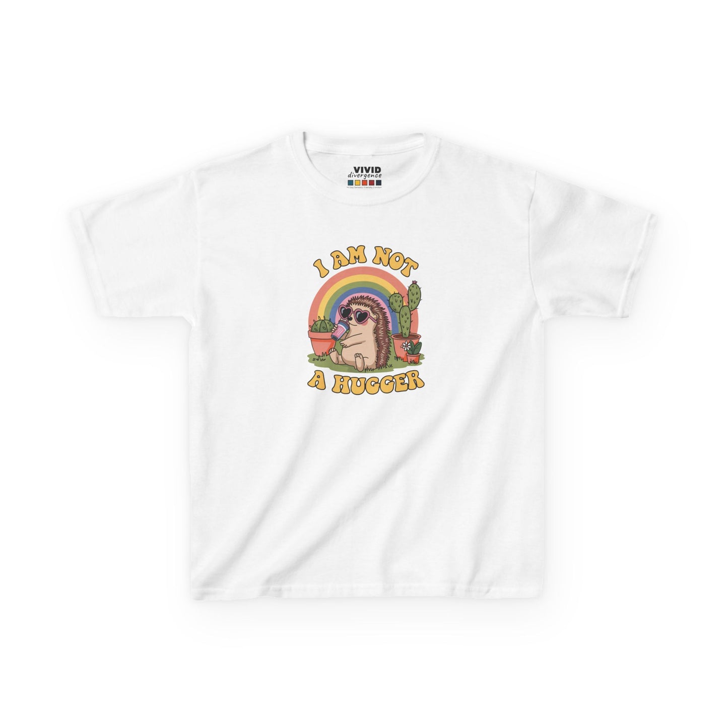 Front view of a white "I Am Not A Hugger" kids T-shirt featuring a cute cactus graphic with a rainbow background. Part of the Vivid Divergence Sensory Friendly Kids Shirts Range. The perfect T-shirt for sensory-sensitive kids and comes with a Sensory Satisfaction Promise.