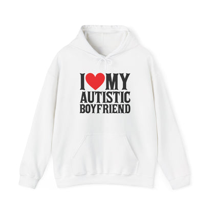 Front view of a white hoodie featuring bold black text that reads "I ❤️ My Autistic Boyfriend," with a red heart symbol. Part of the Vivid Divergence Sensory Friendly Unisex Hoodie Range.