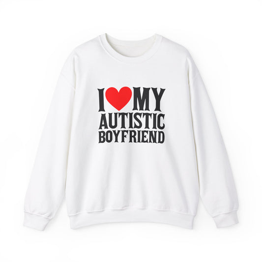 Front view of a white sweater jumper with the text "I ❤️ My Autistic Boyfriend" in bold black and red lettering. Part of the Vivid Divergence Sensory Friendly Unisex Sweater Jumper Range.