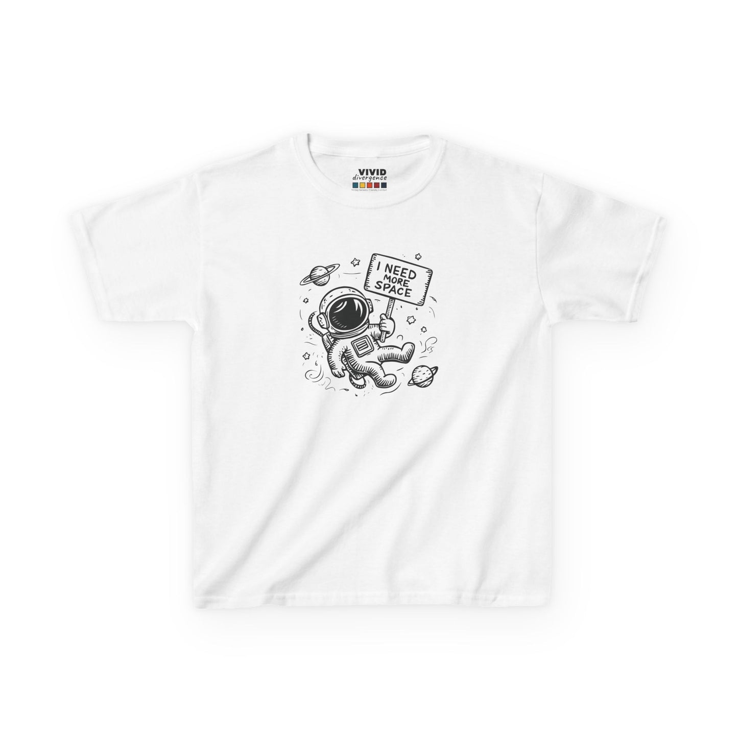 Front view of a white "I Need More Space" astronaut kids T-shirt featuring a cartoon astronaut floating among space icons. Part of the Vivid Divergence Sensory Friendly Kids Shirts Range. The perfect T-shirt for sensory-sensitive kids and comes with a Sensory Satisfaction Promise.