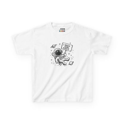 Front view of a white "I Need More Space" astronaut kids T-shirt featuring a cartoon astronaut floating among space icons. Part of the Vivid Divergence Sensory Friendly Kids Shirts Range. The perfect T-shirt for sensory-sensitive kids and comes with a Sensory Satisfaction Promise.