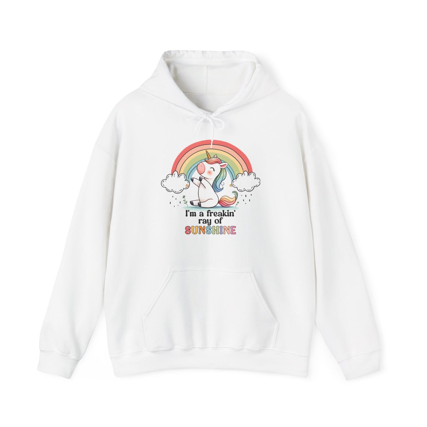 Front view of a white hoodie featuring a grumpy-looking unicorn with wings under a rainbow, with the text "I'm a Freakin' Ray of Sunshine." Part of the Vivid Divergence Sensory Friendly Unisex Hoodie Range.