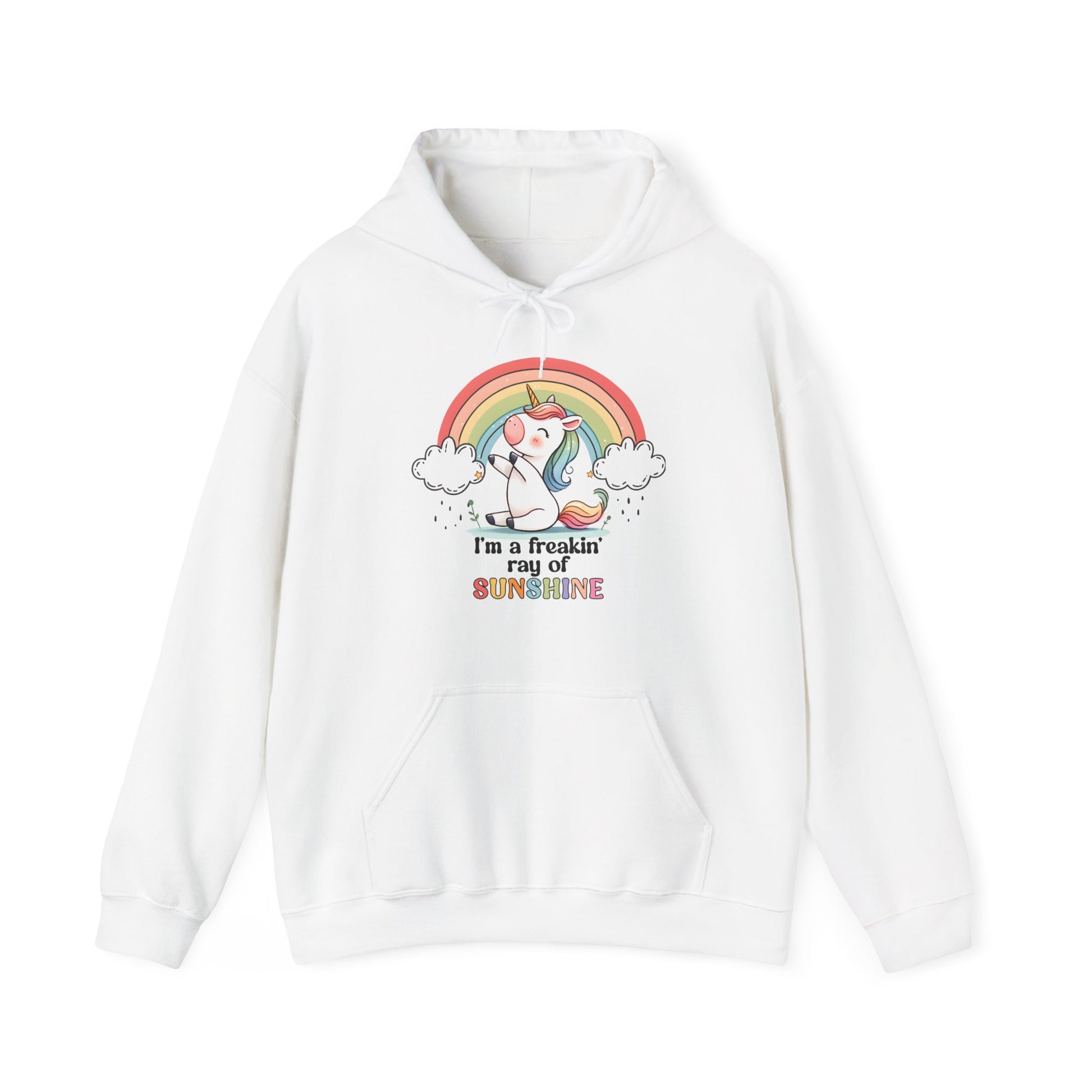 Front view of a white hoodie featuring a grumpy-looking unicorn with wings under a rainbow, with the text "I'm a Freakin' Ray of Sunshine." Part of the Vivid Divergence Sensory Friendly Unisex Hoodie Range.