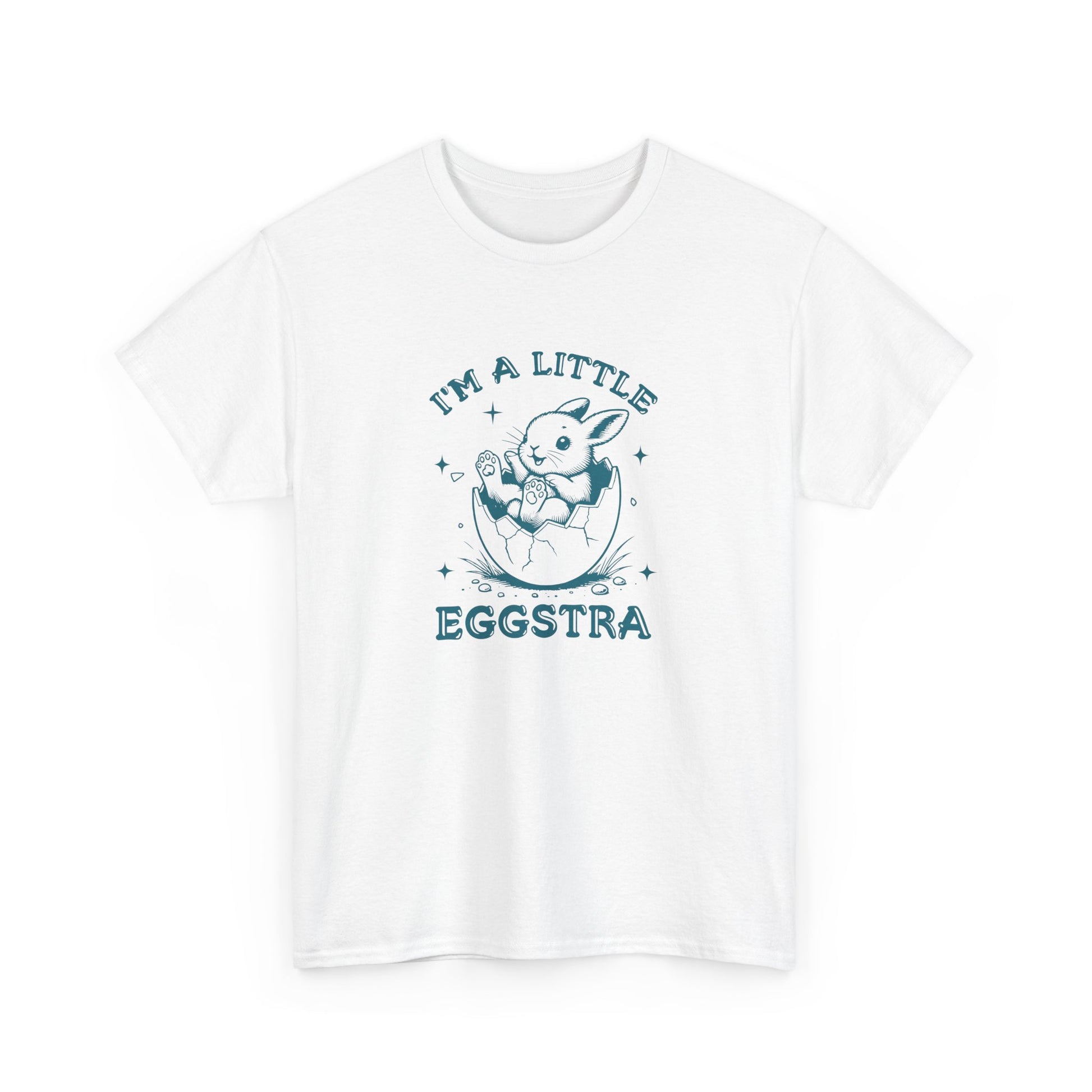 White Easter T-shirt featuring a cute bunny and "I'm A Little Eggstra" text, perfect for a fun and festive holiday look. Hop into the season in style and shop Easter shirts online today!