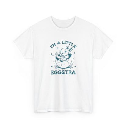 White Easter T-shirt featuring a cute bunny and "I'm A Little Eggstra" text, perfect for a fun and festive holiday look. Hop into the season in style and shop Easter shirts online today!