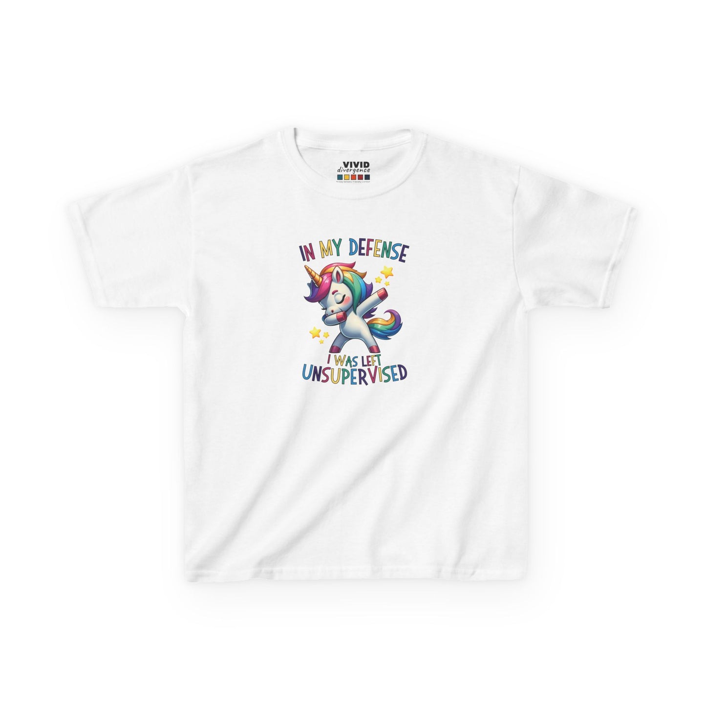 Front view of a white "In My Defense, I Was Left Unsupervised" unicorn kids T-shirt featuring a playful, colorful unicorn graphic. Part of the Vivid Divergence Sensory Friendly Kids Shirts Range. The perfect T-shirt for sensory-sensitive kids and comes with a Sensory Satisfaction Promise.