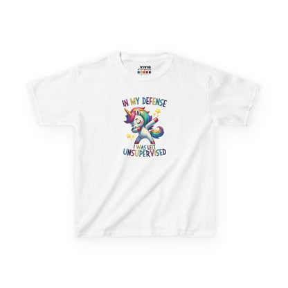 Front view of a white "In My Defense, I Was Left Unsupervised" unicorn kids T-shirt featuring a playful, colorful unicorn graphic. Part of the Vivid Divergence Sensory Friendly Kids Shirts Range. The perfect T-shirt for sensory-sensitive kids and comes with a Sensory Satisfaction Promise.