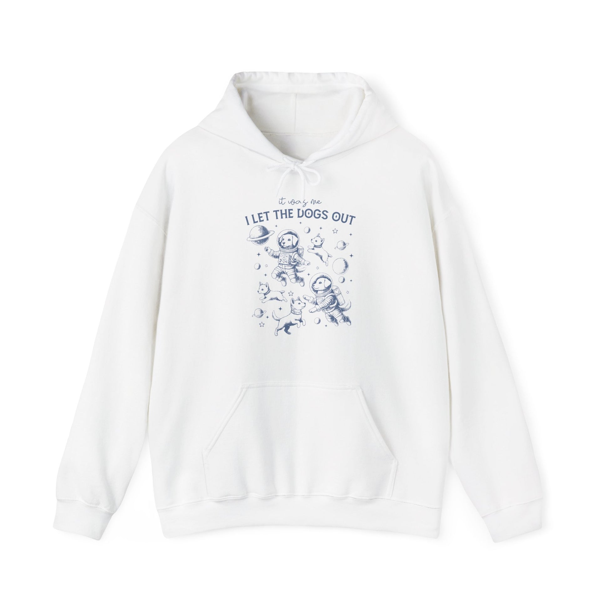 Front view of a white hoodie featuring playful dog illustrations with the text "It Was Me, I Let The Dogs Out." Part of the Vivid Divergence Sensory Friendly Unisex Hoodie Range.