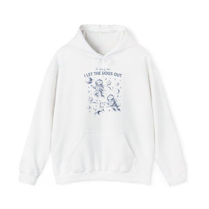 Front view of a white hoodie featuring playful dog illustrations with the text "It Was Me, I Let The Dogs Out." Part of the Vivid Divergence Sensory Friendly Unisex Hoodie Range.