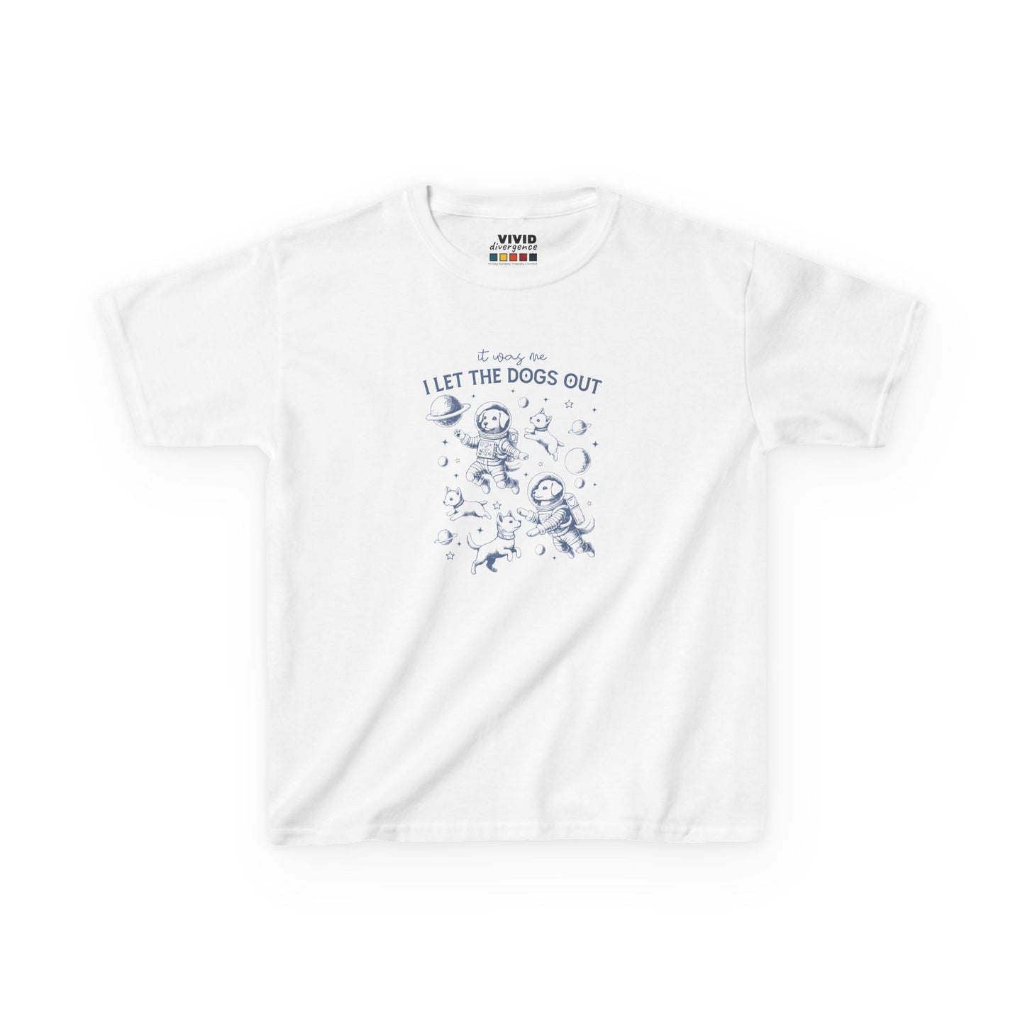 Front view of a white "It Was Me, I Let The Dogs Out" kids T-shirt featuring playful dog graphics. Part of the Vivid Divergence Sensory Friendly Kids Shirts Range. The perfect T-shirt for sensory-sensitive kids and comes with a Sensory Satisfaction Promise.