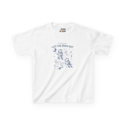 Front view of a white "It Was Me, I Let The Dogs Out" kids T-shirt featuring playful dog graphics. Part of the Vivid Divergence Sensory Friendly Kids Shirts Range. The perfect T-shirt for sensory-sensitive kids and comes with a Sensory Satisfaction Promise.