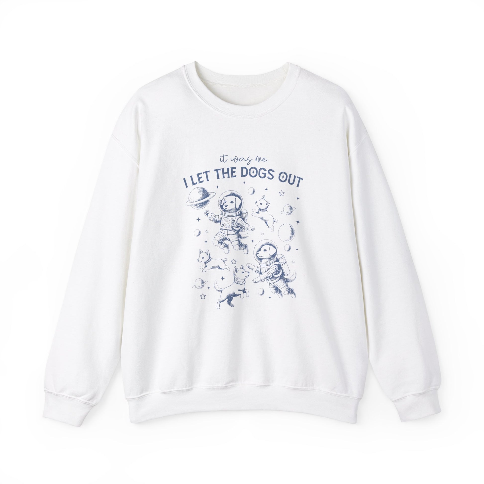 Front view of a white sweatshirt featuring playful dog illustrations with the text "It Was Me, I Let The Dogs Out." Part of the Vivid Divergence Sensory Friendly Unisex Sweater Jumper Range.