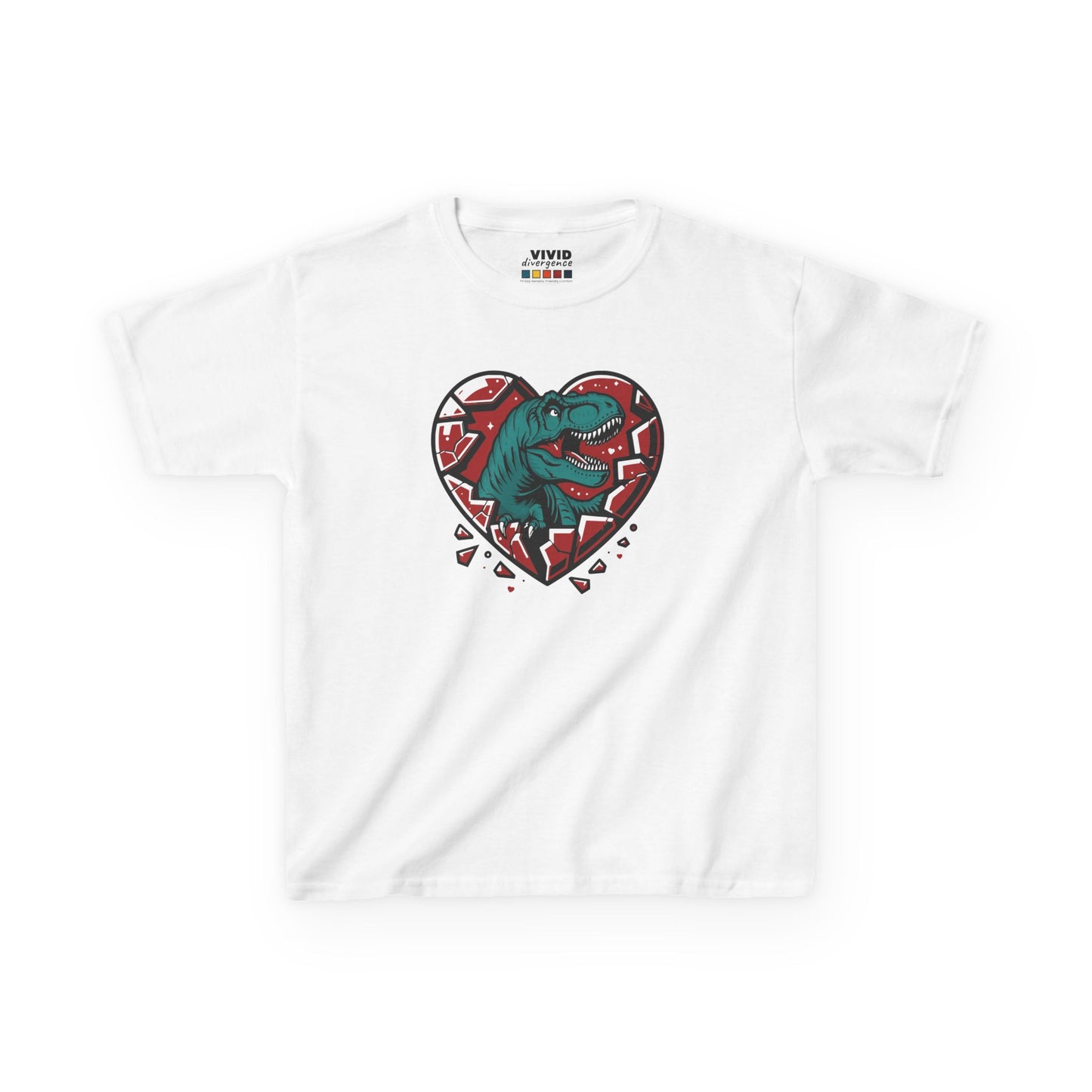 Front view of a white "Jurassic Heart" kids T-shirt featuring a dinosaur inside a heart graphic. Part of the Vivid Divergence Sensory Friendly Kids Shirts Range. The perfect T-shirt for sensory-sensitive kids and comes with a Sensory Satisfaction Promise.