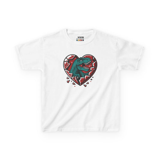 Front view of a white "Jurassic Heart" kids T-shirt featuring a dinosaur inside a heart graphic. Part of the Vivid Divergence Sensory Friendly Kids Shirts Range. The perfect T-shirt for sensory-sensitive kids and comes with a Sensory Satisfaction Promise.