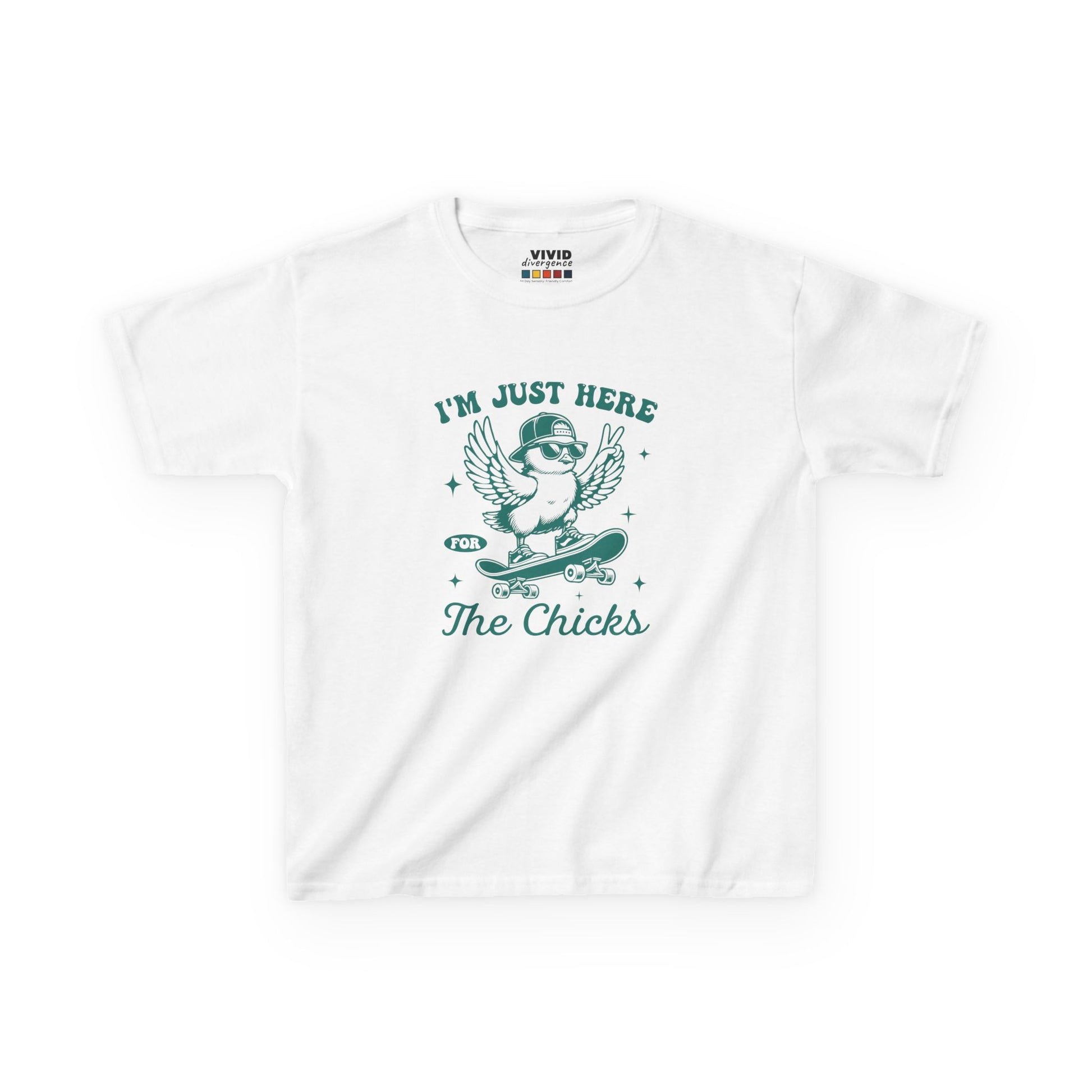 White kids' T-shirt featuring a playful "I'm Just Here for the Chicks" design with a cute chick illustration, perfect for Easter fun. Hop into the season in style and shop Easter shirts online today!