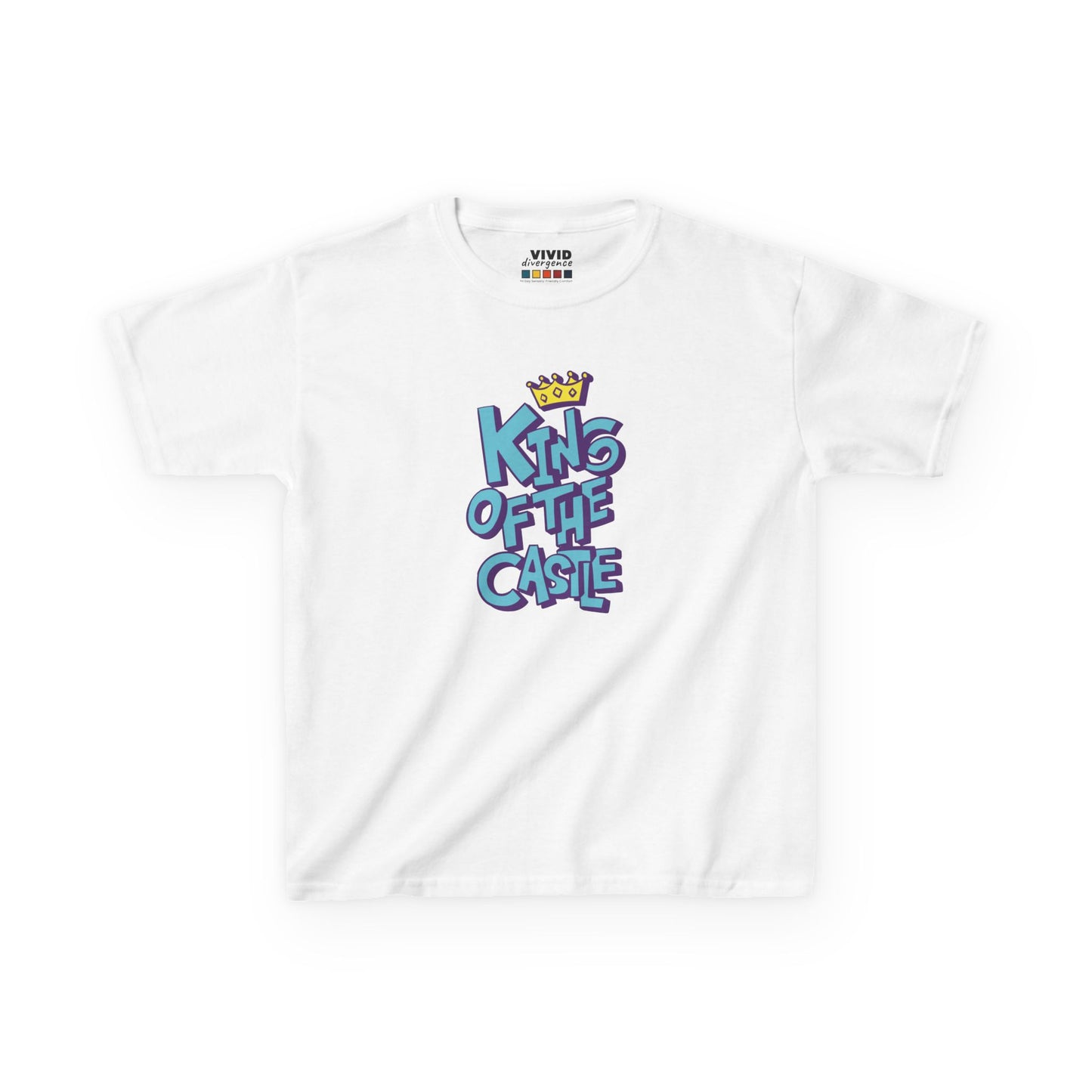 Front view of a white "King Of The Castle" kids T-shirt featuring bold blue text with a crown graphic. Part of the Vivid Divergence Sensory Friendly Kids Shirts Range. The perfect T-shirt for sensory-sensitive kids and comes with a Sensory Satisfaction Promise.