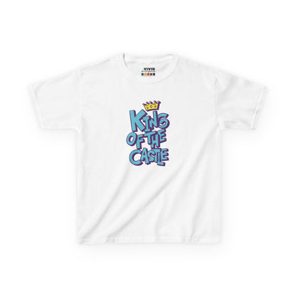 Front view of a white "King Of The Castle" kids T-shirt featuring bold blue text with a crown graphic. Part of the Vivid Divergence Sensory Friendly Kids Shirts Range. The perfect T-shirt for sensory-sensitive kids and comes with a Sensory Satisfaction Promise.