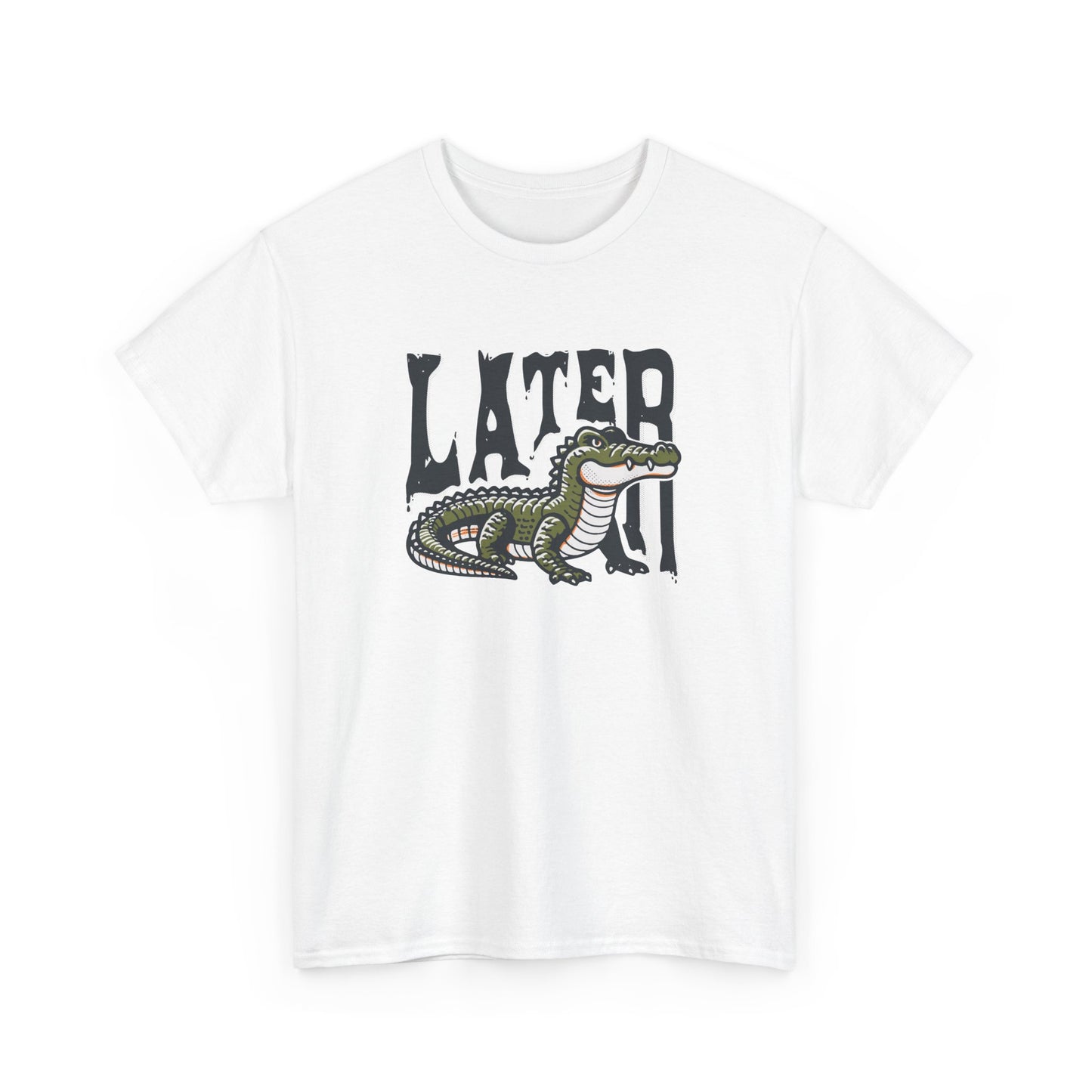 Front view of a white T-shirt featuring a "Later Alligator" design with a detailed alligator illustration. Part of the Vivid Divergence Sensory Friendly Unisex Tees Range.