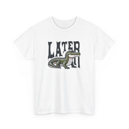 Front view of a white T-shirt featuring a "Later Alligator" design with a detailed alligator illustration. Part of the Vivid Divergence Sensory Friendly Unisex Tees Range.