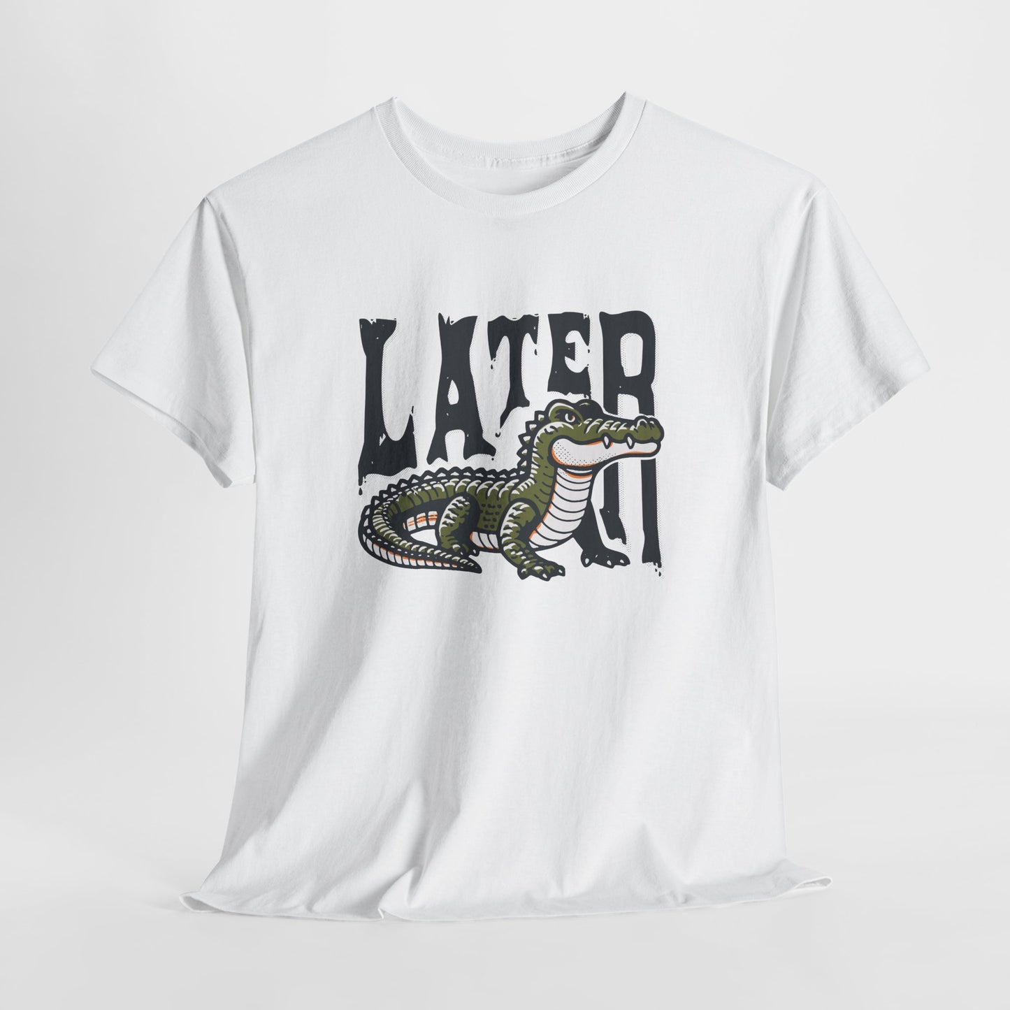 Hanging white T-shirt featuring a "Later Alligator" design with a detailed alligator illustration. Part of the Vivid Divergence Sensory Friendly Unisex Tees Range.