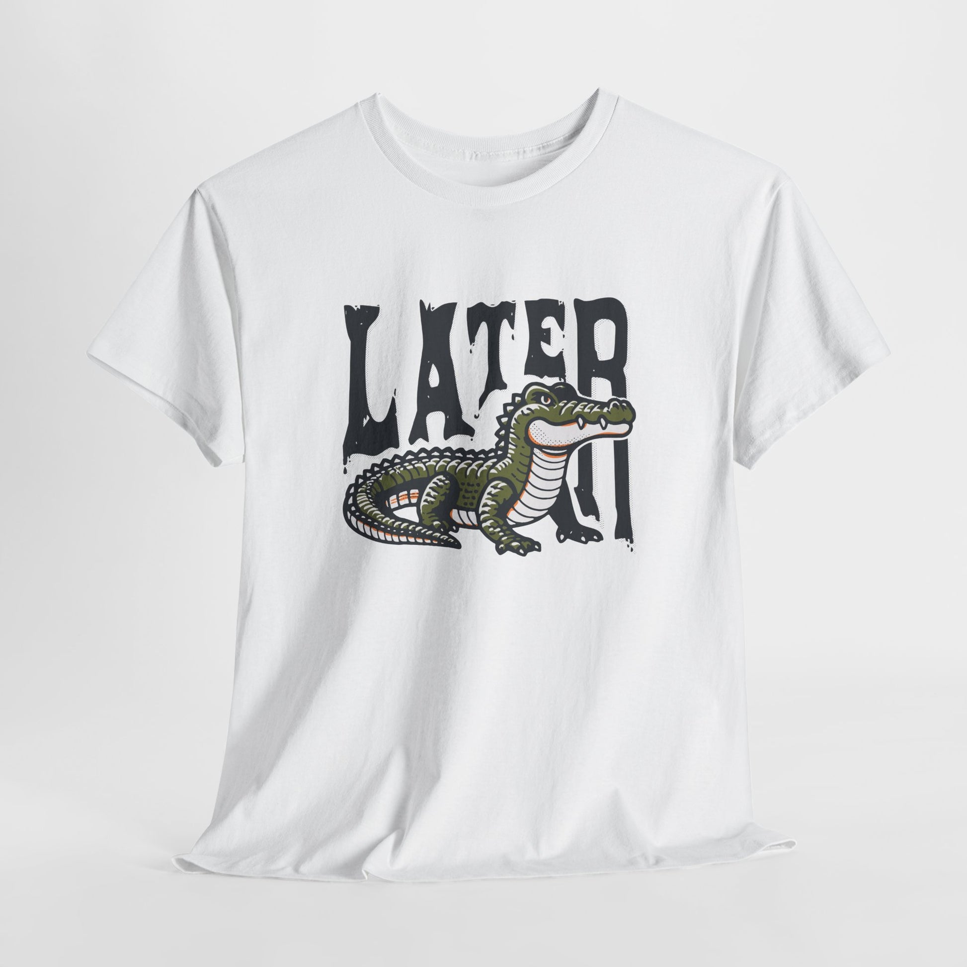 Hanging white T-shirt featuring a "Later Alligator" design with a detailed alligator illustration. Part of the Vivid Divergence Sensory Friendly Unisex Tees Range.