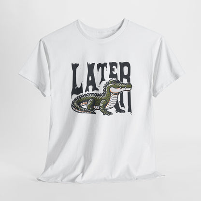 Hanging white T-shirt featuring a "Later Alligator" design with a detailed alligator illustration. Part of the Vivid Divergence Sensory Friendly Unisex Tees Range.