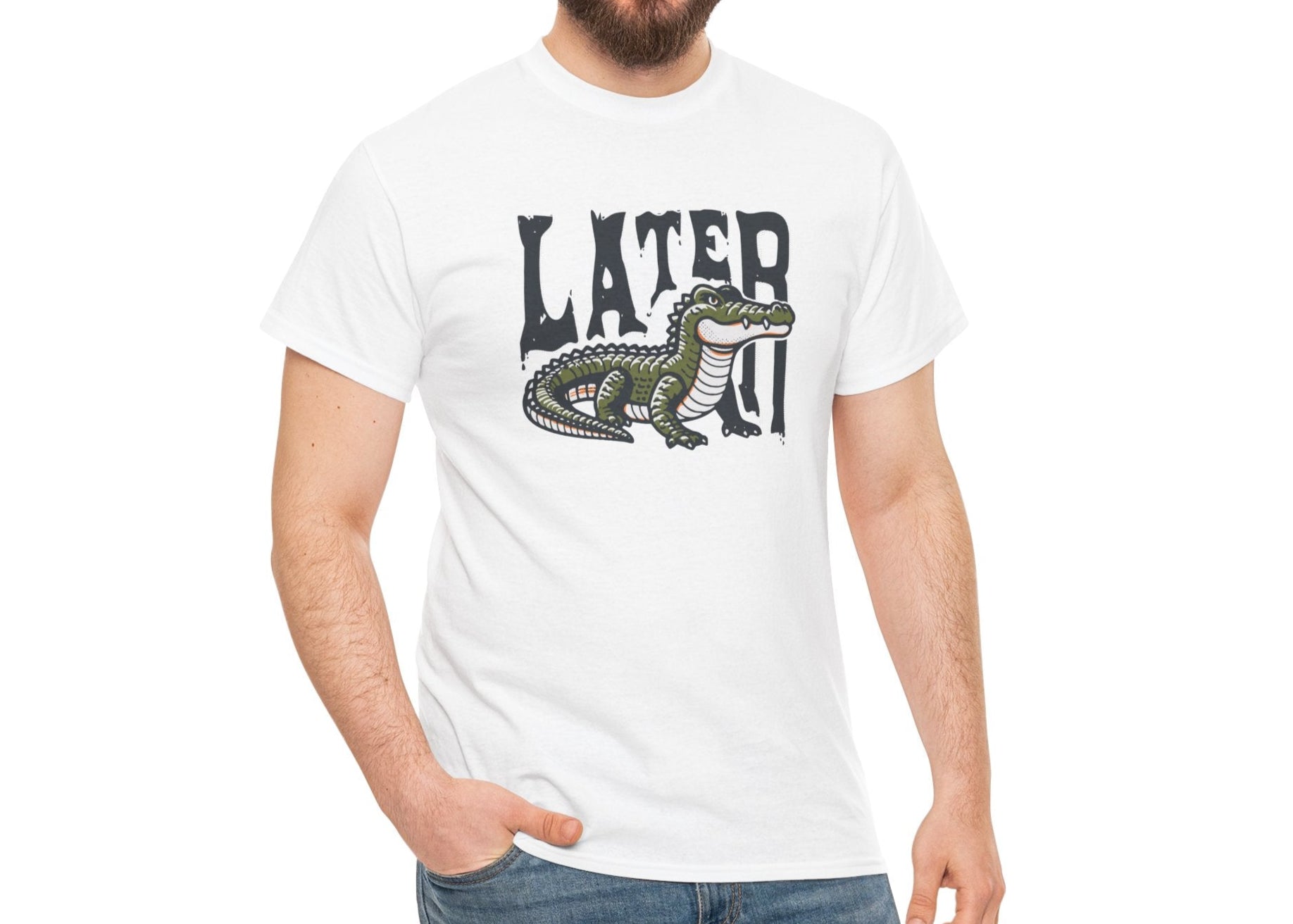 Model wearing a white T-shirt featuring a "Later Alligator" design with a detailed alligator illustration. Part of the Vivid Divergence Sensory Friendly Unisex Tees Range.