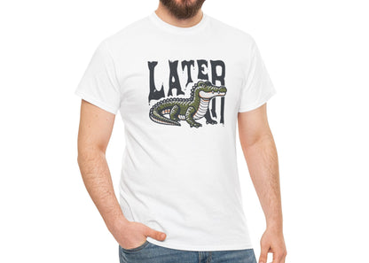 Model wearing a white T-shirt featuring a "Later Alligator" design with a detailed alligator illustration. Part of the Vivid Divergence Sensory Friendly Unisex Tees Range.