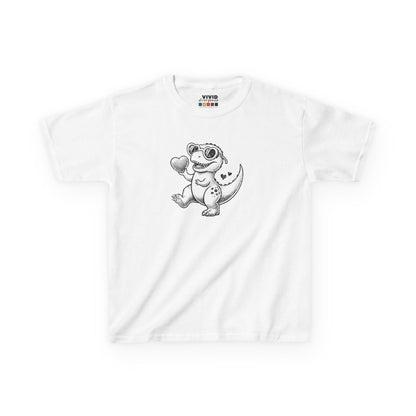 Front view of a white "Love-You-Saurus" kids T-shirt featuring a cartoon dinosaur holding a heart. Part of the Vivid Divergence Sensory Friendly Kids Shirts Range. The perfect T-shirt for sensory-sensitive kids and comes with a Sensory Satisfaction Promise.