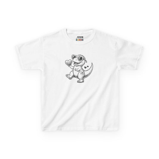 Front view of a white "Love-You-Saurus" kids T-shirt featuring a cartoon dinosaur holding a heart. Part of the Vivid Divergence Sensory Friendly Kids Shirts Range. The perfect T-shirt for sensory-sensitive kids and comes with a Sensory Satisfaction Promise.