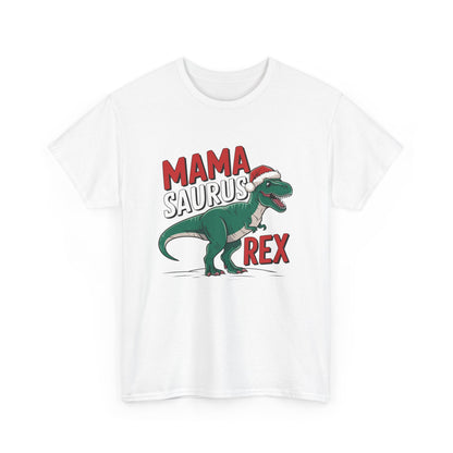 Front view of a white T-shirt featuring a "Mama-Saurus Rex" design with a festive dinosaur illustration. Part of the Vivid Divergence Sensory Friendly Unisex Tees Range.