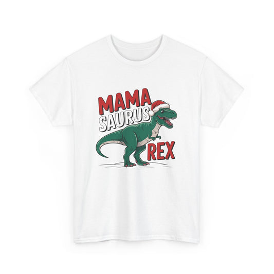 Front view of a white T-shirt featuring a "Mama-Saurus Rex" design with a festive dinosaur illustration. Part of the Vivid Divergence Sensory Friendly Unisex Tees Range.