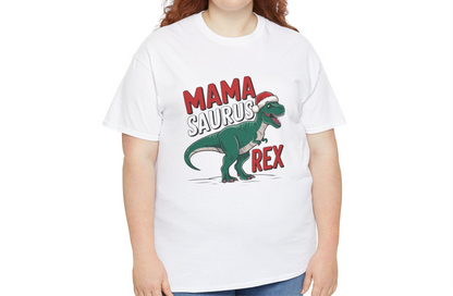 Model wearing a white T-shirt featuring a "Mama-Saurus Rex" design with a festive dinosaur illustration, styled casually with a denim jacket. Part of the Vivid Divergence Sensory Friendly Unisex Tees Range.