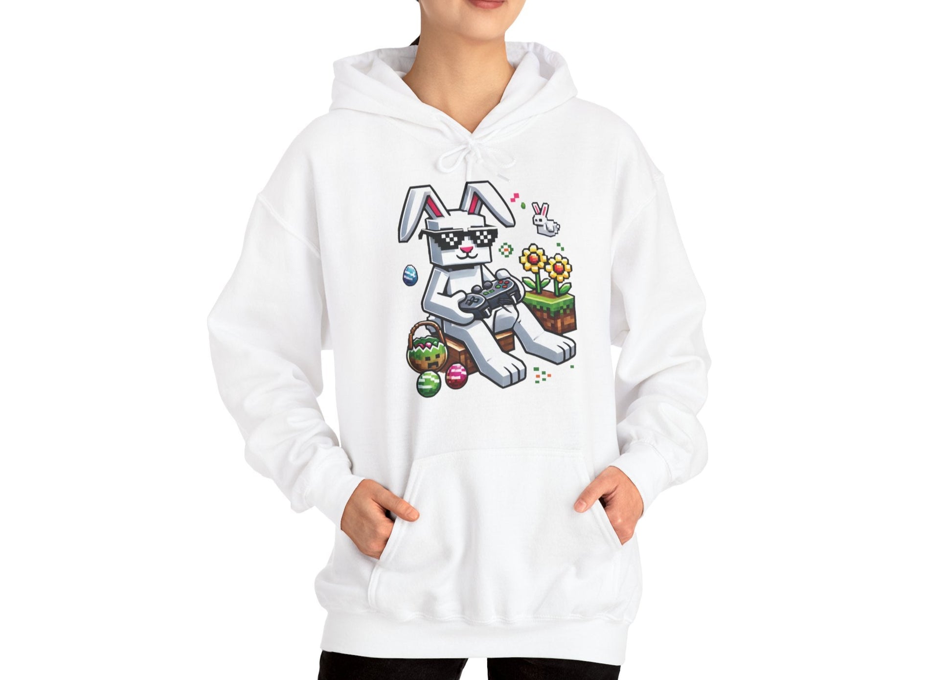 Woman wearing white hoodie with Minecraft bunny and Easter eggs graphic. Part of the Vivid Divergence Sensory Friendly Unisex Hoodies Range.