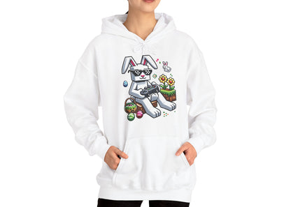 Woman wearing white hoodie with Minecraft bunny and Easter eggs graphic. Part of the Vivid Divergence Sensory Friendly Unisex Hoodies Range.
