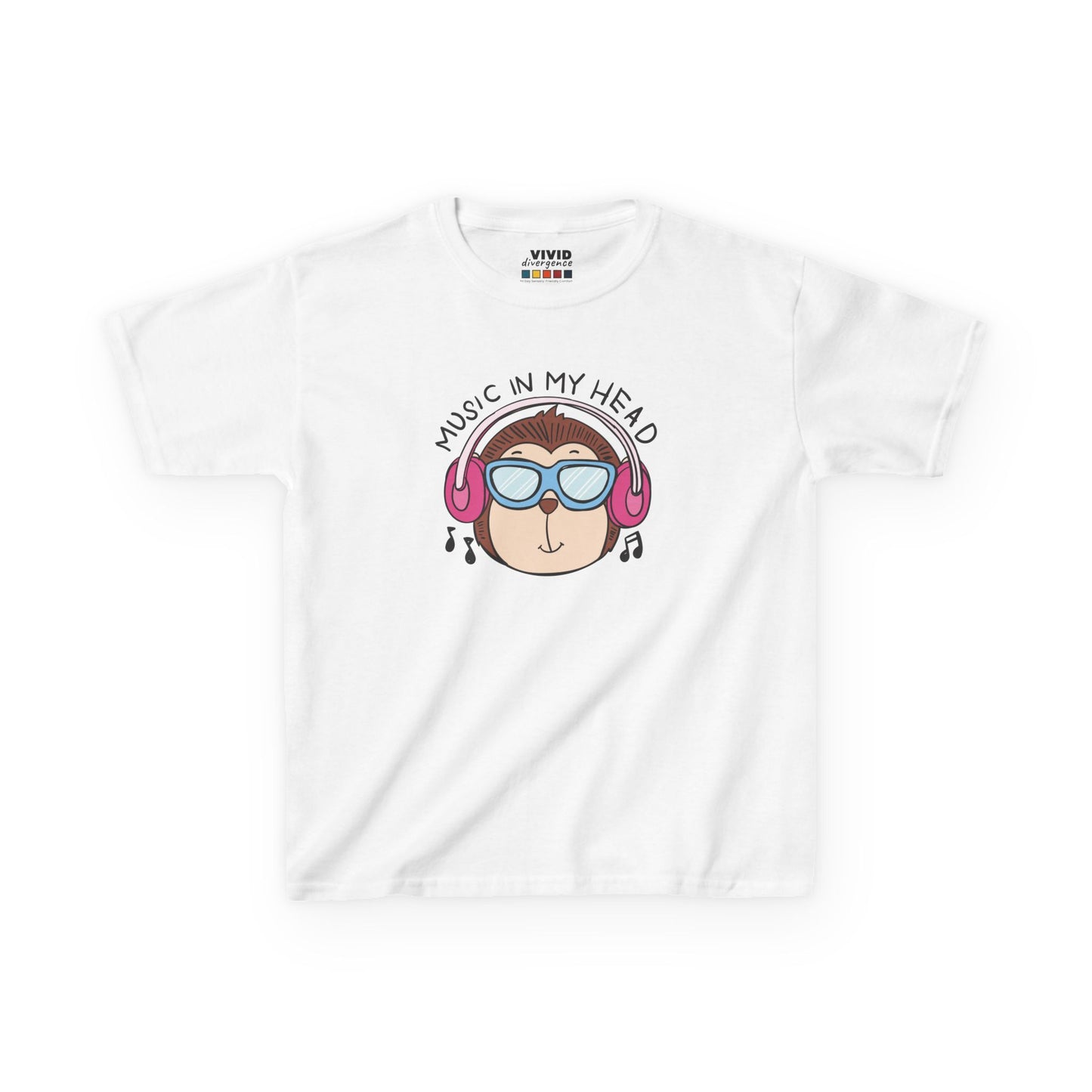 Front view of a white "Music In My Head" monkey kids T-shirt featuring a cartoon monkey wearing headphones. Part of the Vivid Divergence Sensory Friendly Kids Shirts Range. The perfect T-shirt for sensory-sensitive kids and comes with a Sensory Satisfaction Promise.